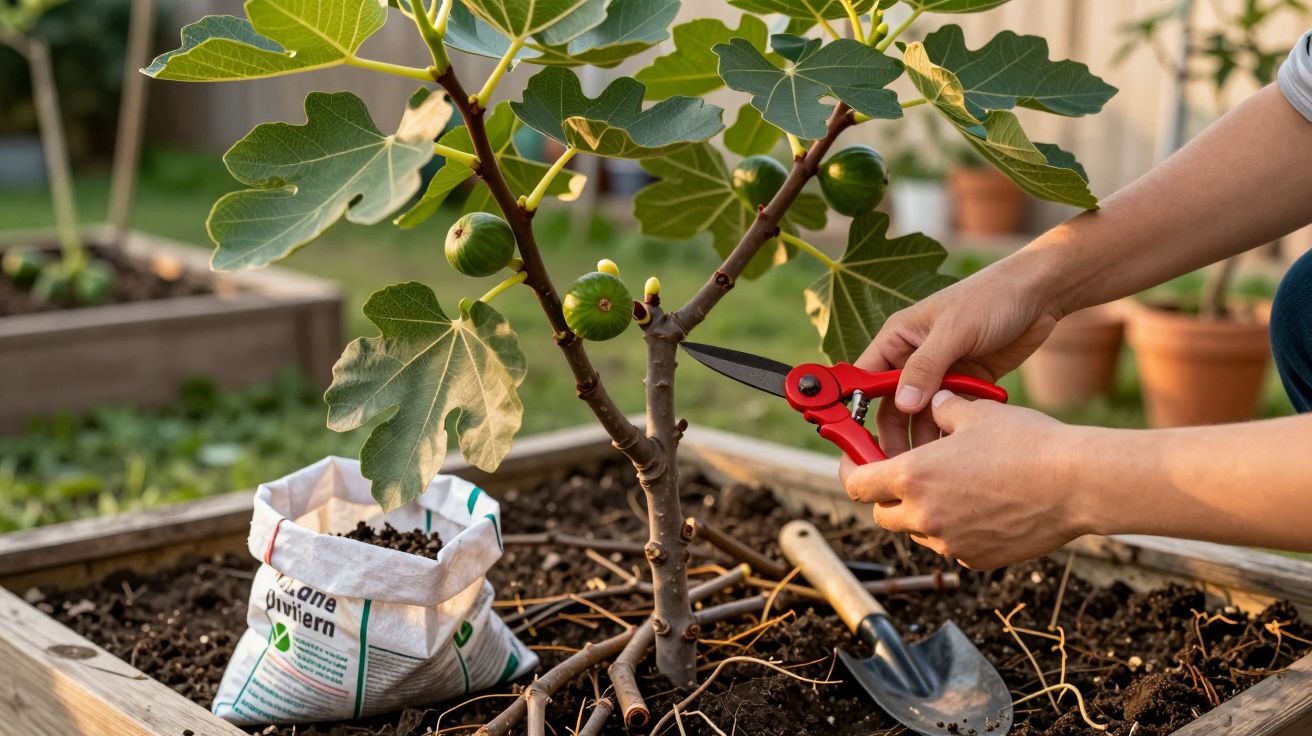 Mãos podando galho de pé de figueira em jardim com tesoura de poda vermelha e saco de adubo ao lado.