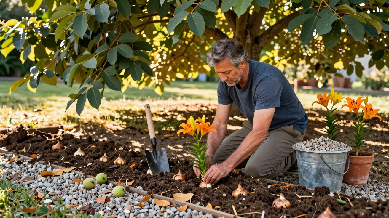 Homem plantando flores laranja no jardim sob sombra de árvore em área com terra e pedrinhas.