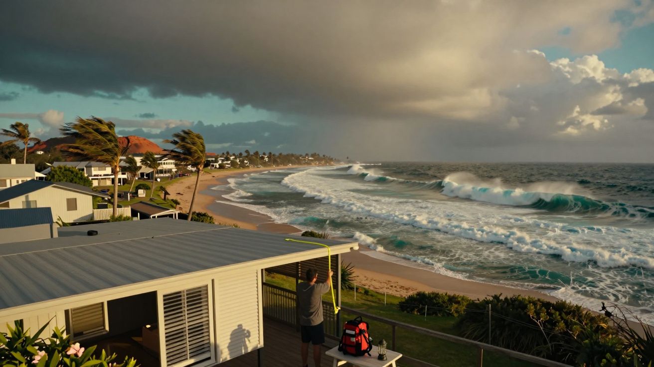 Homem mede vento em casa à beira-mar com ondas grandes e céu nublado ao entardecer.