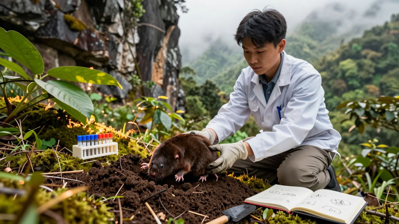 Pesquisador em jaleco branco examina animal roedor em área montanhosa com equipamentos científicos.