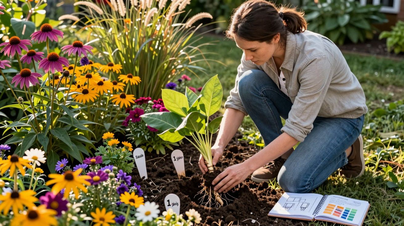 Mulher plantando muda em jardim florido, com caderno aberto ao lado no chão.