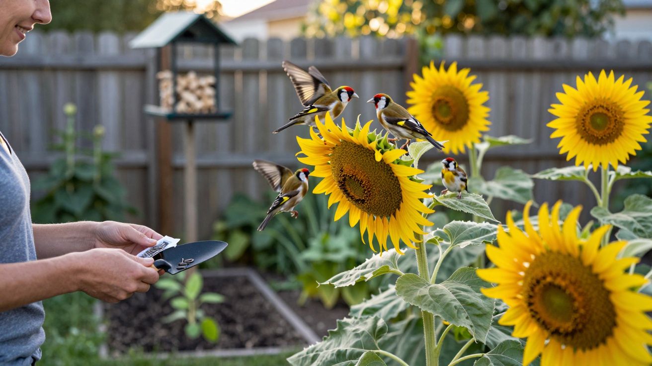 Pessoa alimenta pássaros em girassóis amarelos em jardim cercado por cerca de madeira.