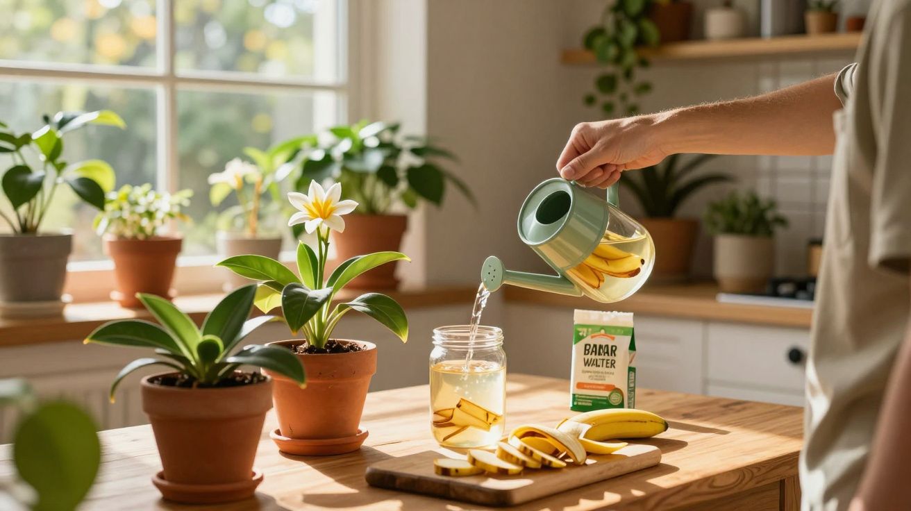 Pessoa despejando água em copo com infusão de canela em cozinha iluminada com plantas em vasos.