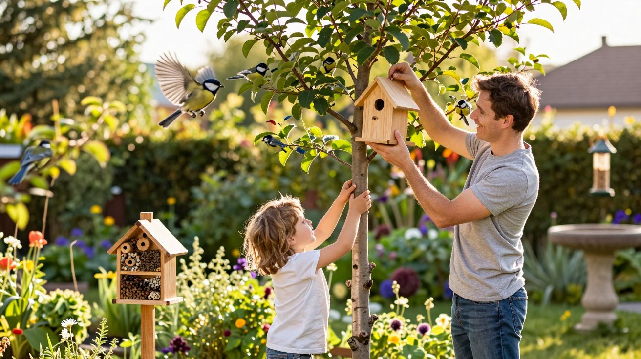 Pai e filho pendurando uma casinha de passarinho em árvore no jardim florido em um dia ensolarado.