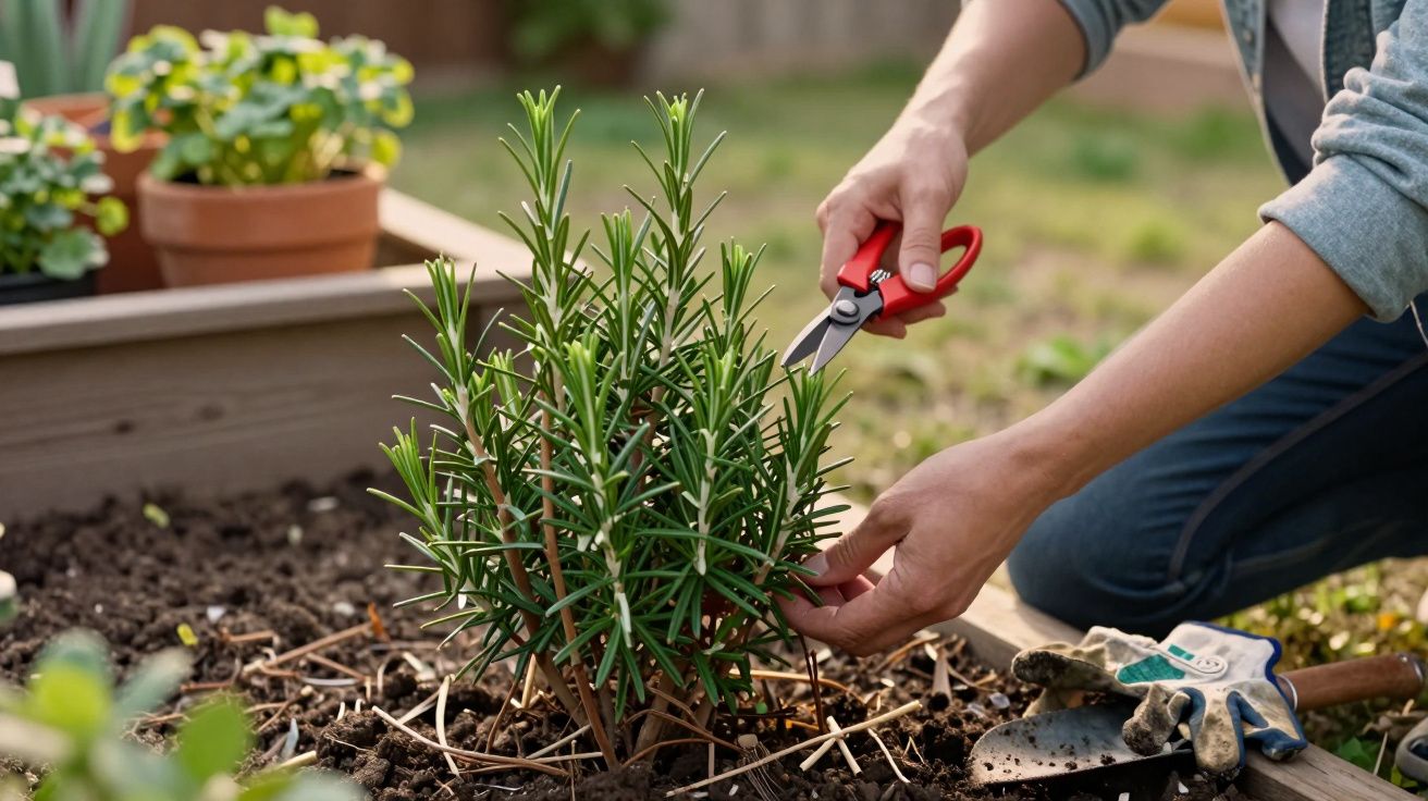 Pessoa podando planta de alecrim em canteiro de jardim com tesoura vermelha.