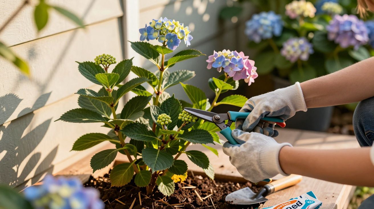 Pessoa usando luvas podando flores coloridas em vaso de madeira em ambiente externo.