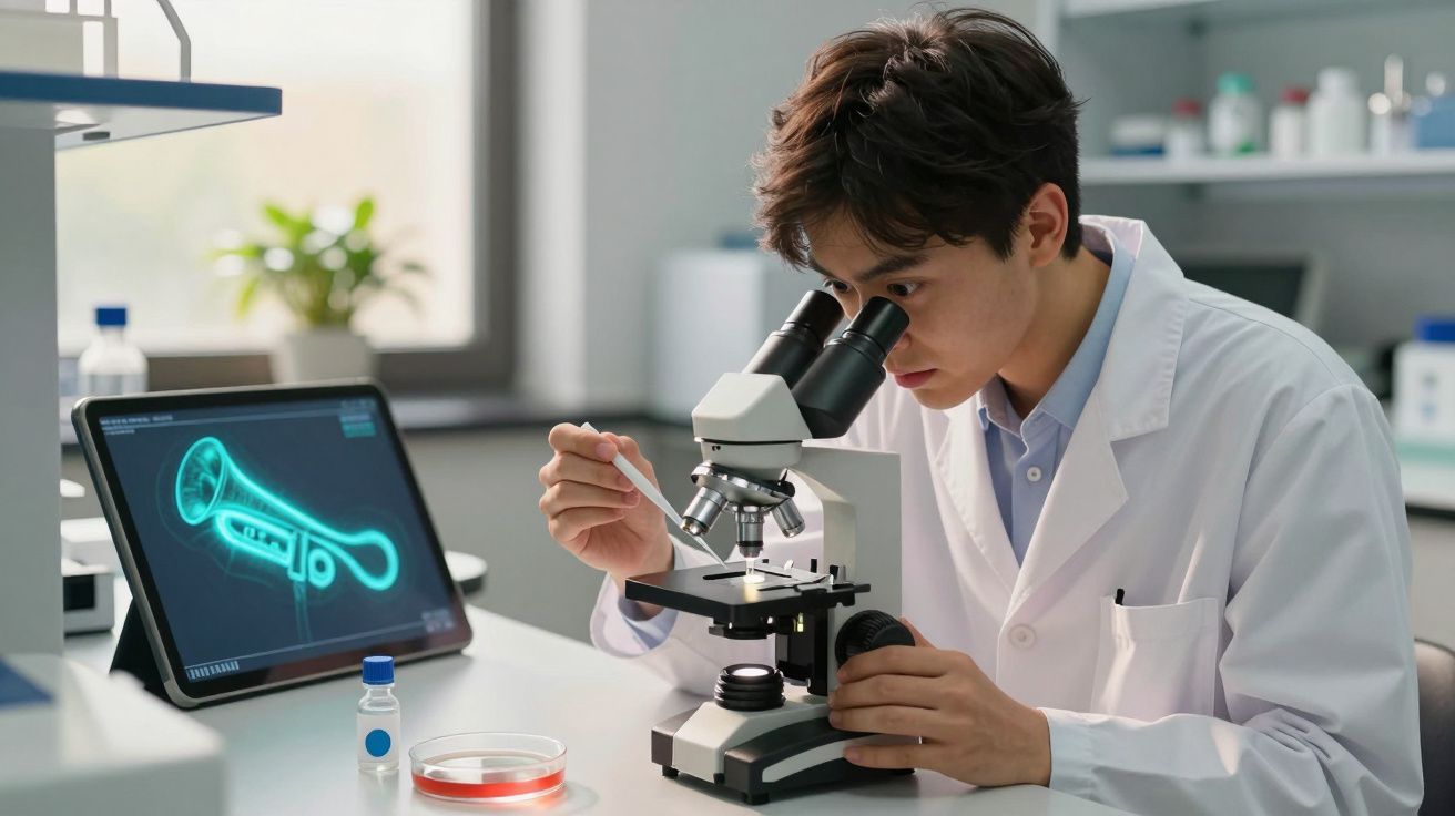 Jovem cientista observa amostra no microscópio em laboratório com tablet ao lado mostrando imagem digitalizada.