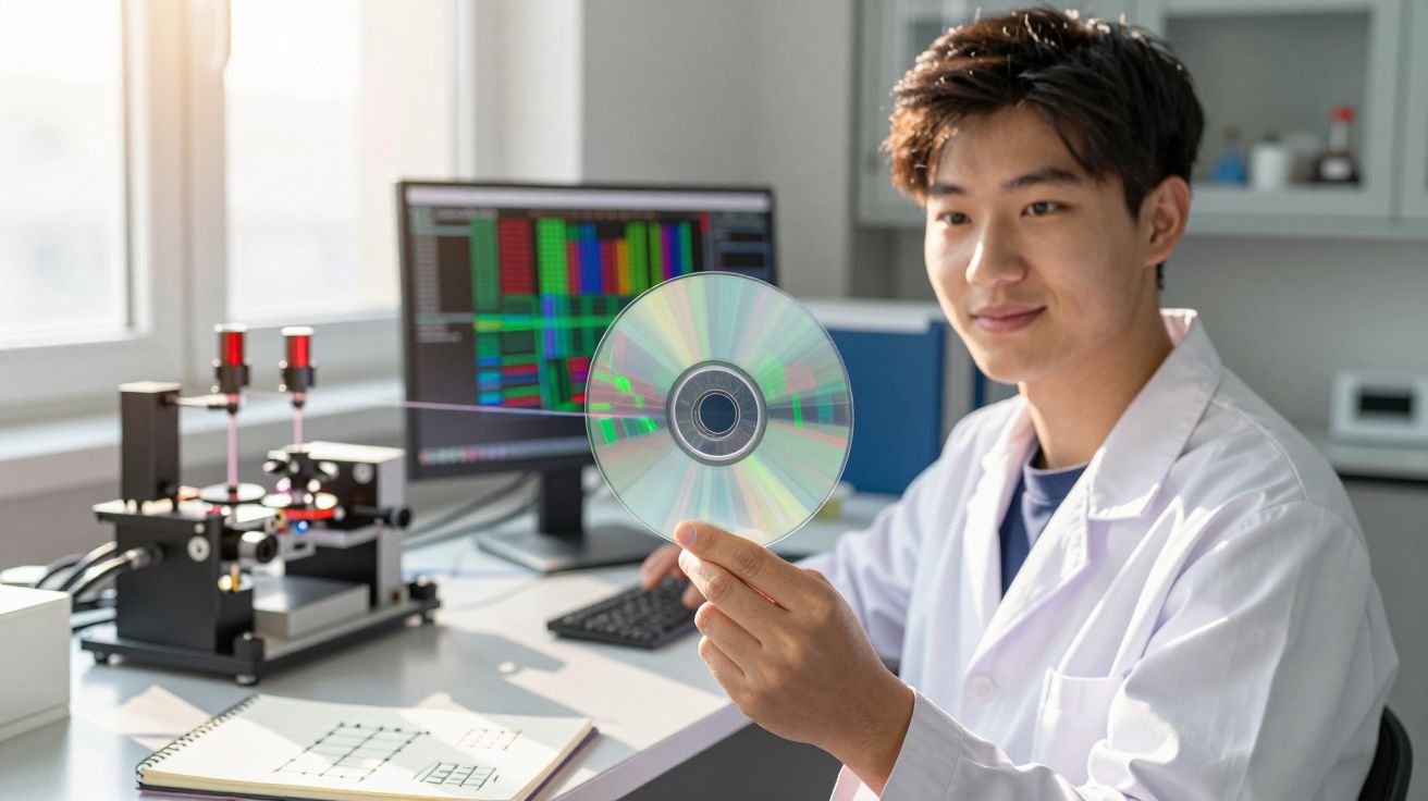 Cientista em laboratório segurando um CD com equipamentos e computador ao fundo.