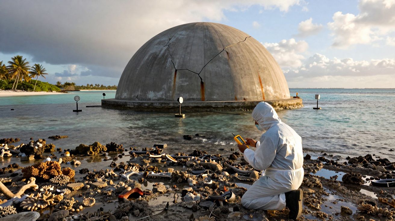 Pessoa em roupa protetora analisa coral morto na praia próxima a estrutura esférica rachada no mar.