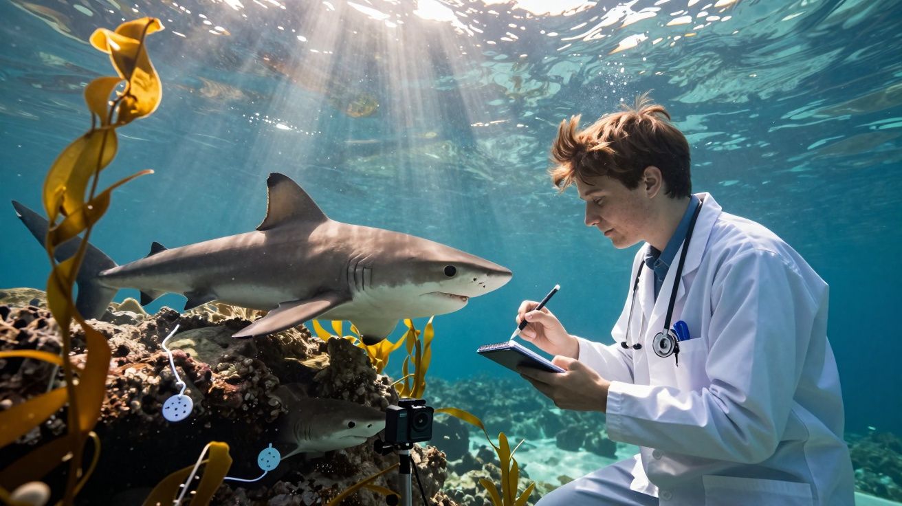 Cientista subaquático com jaleco e estetoscópio observando e anotando comportamento de tubarão.