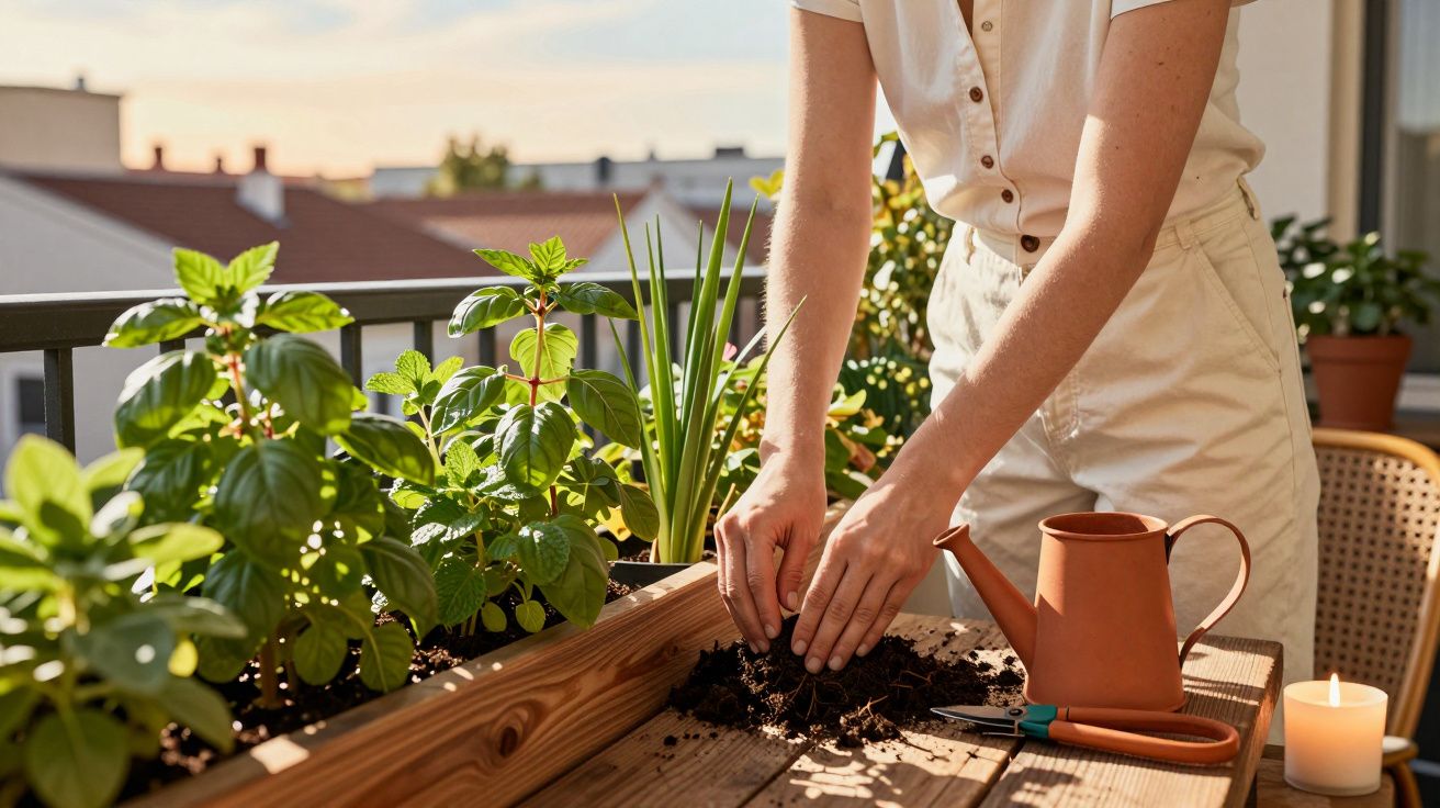 Pessoa cuidando de plantas em horta caseira na varanda ao pôr do sol com regador e tesoura ao lado.