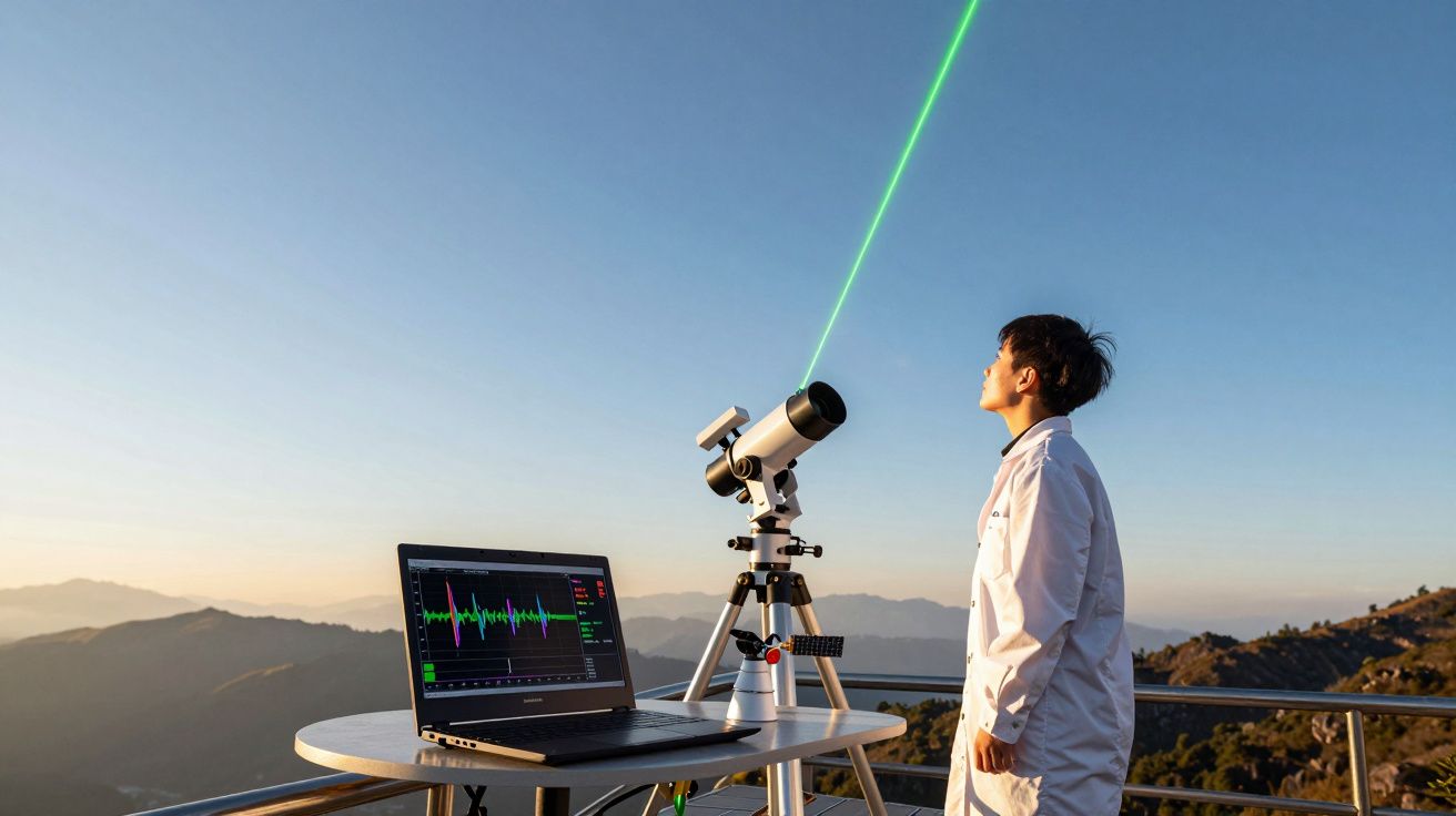 Pessoa em jaleco branco operando telescópio com laser verde e laptop em área externa ao entardecer.