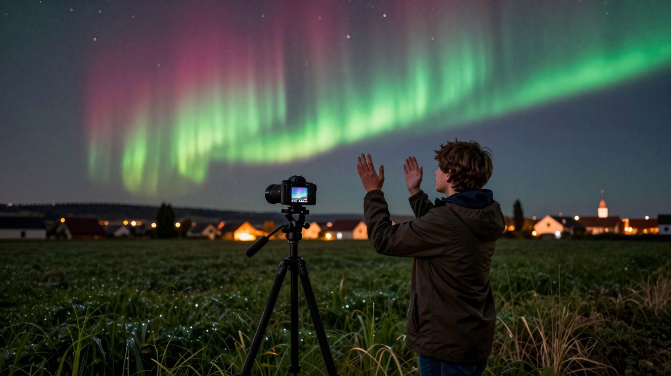 Pessoa tirando foto da aurora boreal com câmera em tripé no campo à noite.