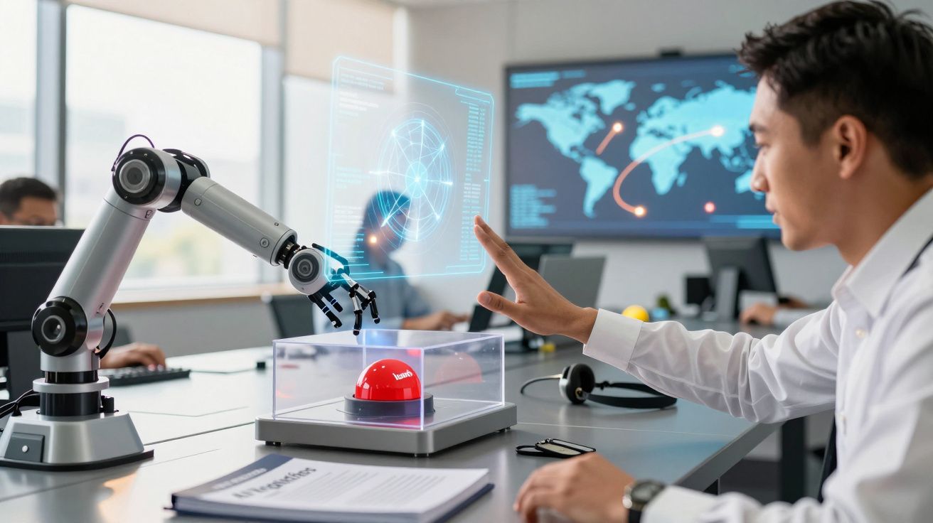 Homem interage com braço robótico em escritório com tela digital holográfica e mapa mundial ao fundo.