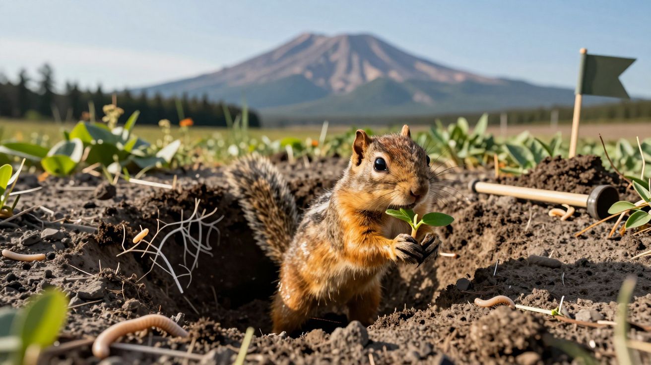 Esquilo segurando uma folha pequeno, saindo de um buraco no solo com plantações e montanha ao fundo.