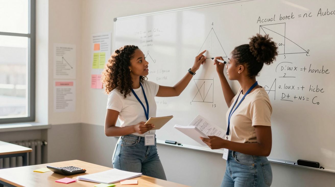 Duas estudantes negras em sala de aula discutindo fórmulas e gráficos em quadro branco.