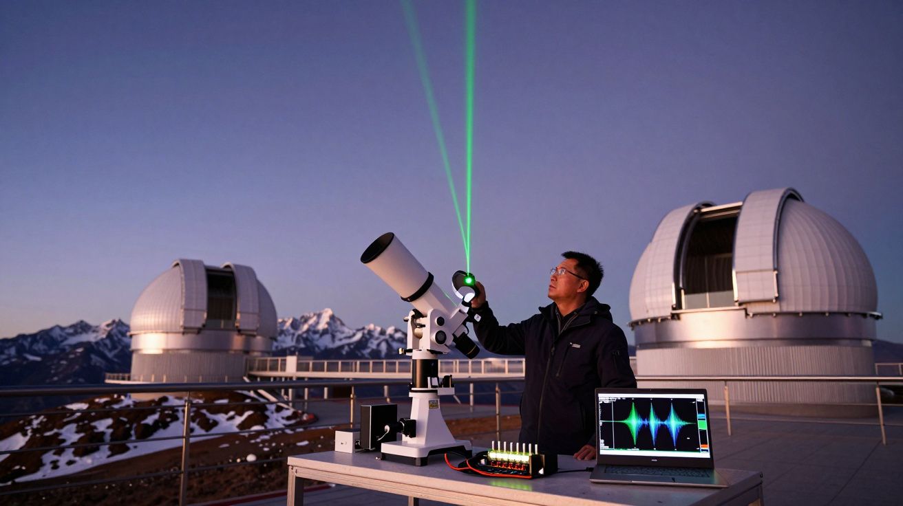 Pesquisador usando telescópio emissionando laser verde em observatório astronômico ao entardecer.