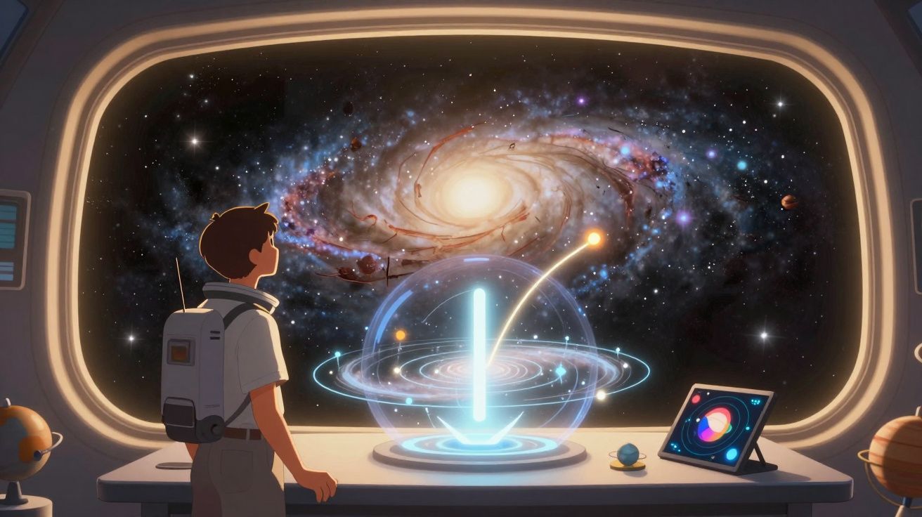 Pessoa observa holograma de sistema solar com galáxia espiral ao fundo em ambiente futurista.