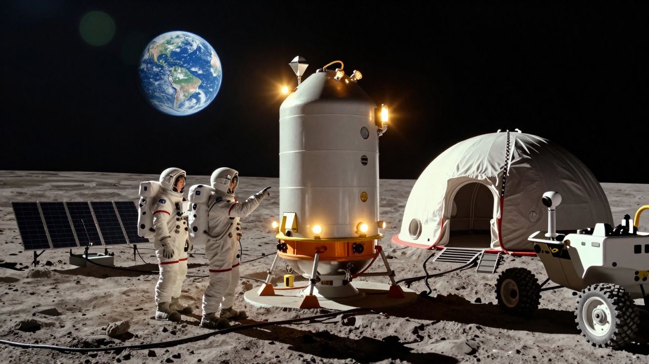 Dois astronautas na superfície lunar com módulo, veículo e Terra ao fundo.