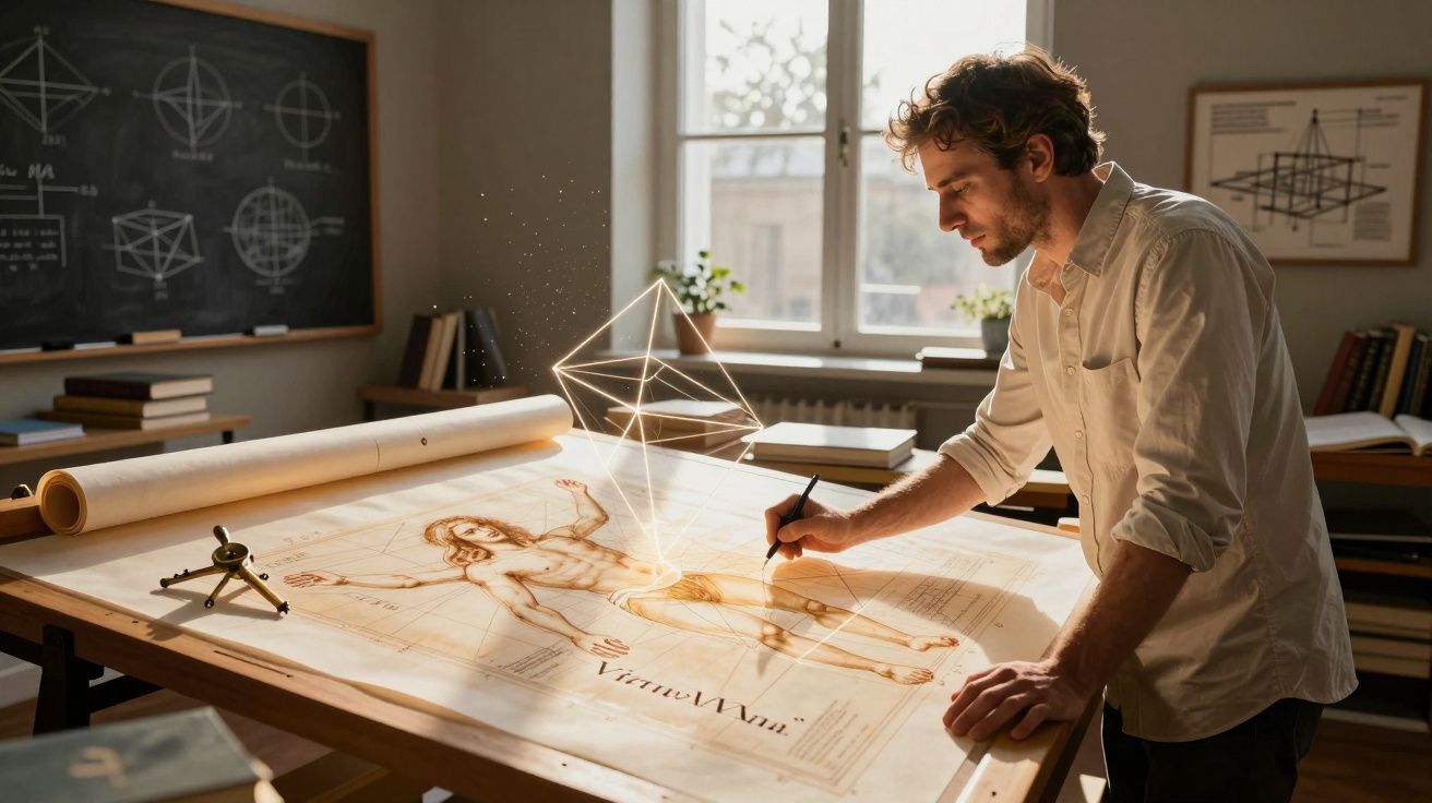 Homem desenhando figura humana em mesa com holograma geométrico em estúdio iluminado por janela.