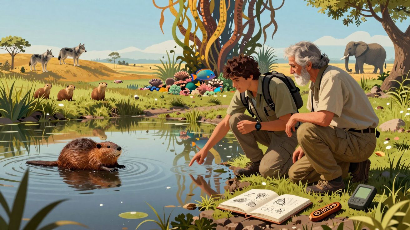 Dois pesquisadores observam castor em lagoa cercada por animais selvagens em paisagem natural diversificada.