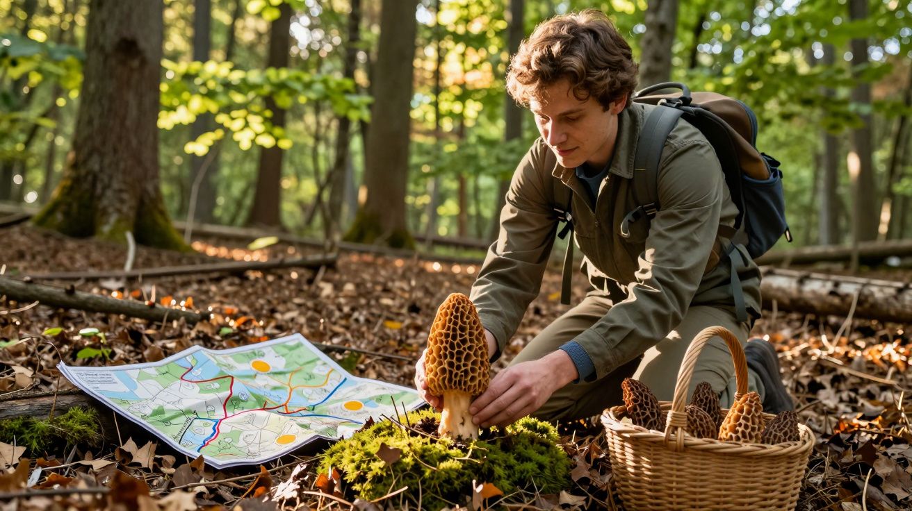 Homem ajoelhado na floresta colhendo cogumelos com mapa aberto ao lado e cesta cheia de cogumelos.