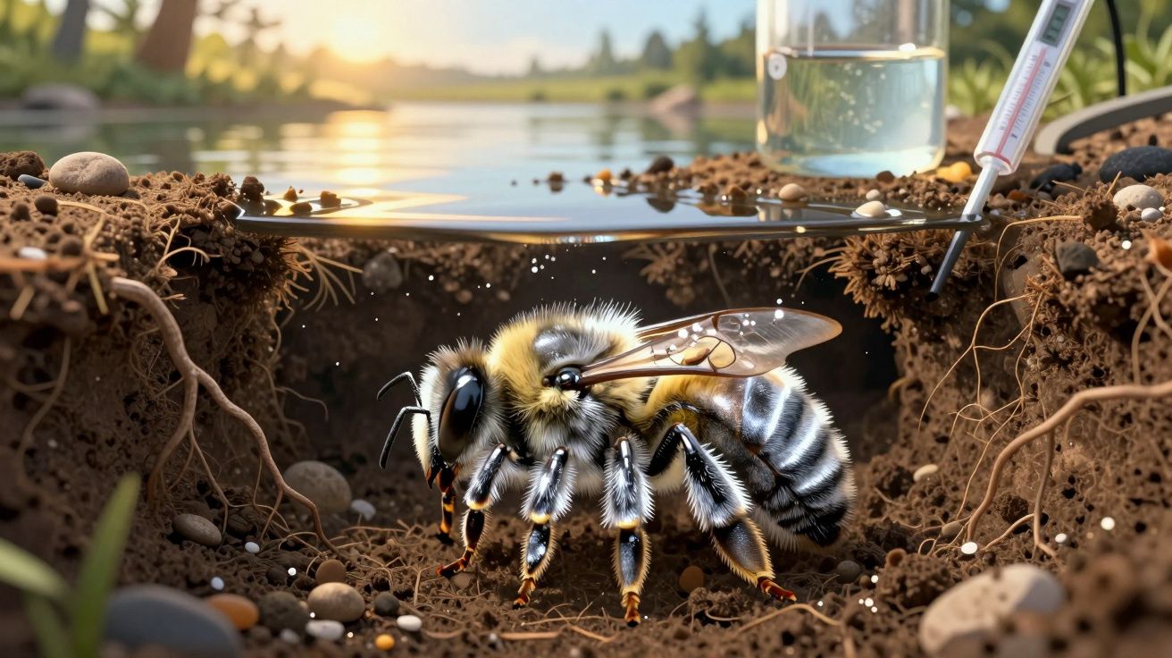 Abelha em solo úmido sob a superfície, com termômetro e recipiente com água ao fundo.