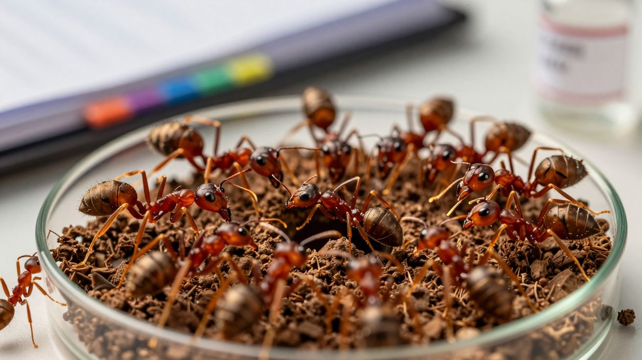 Formiga cortadeira adulta amarela removendo terra em prato de laboratório.