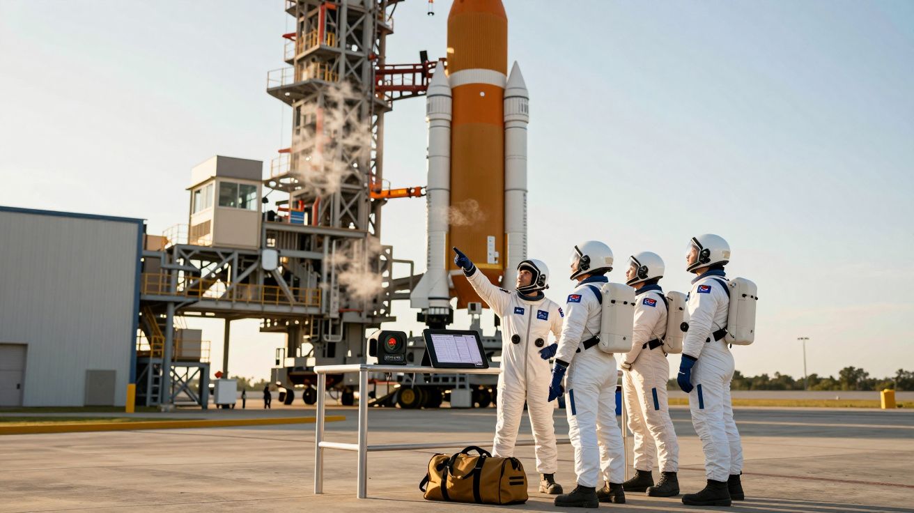 Quatro astronautas em trajes espaciais observam foguete na plataforma de lançamento ao pôr do sol.