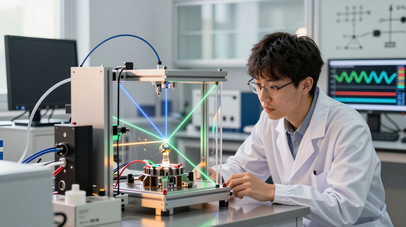 Cientista observa experimento com laser em laboratório tecnológico moderno.