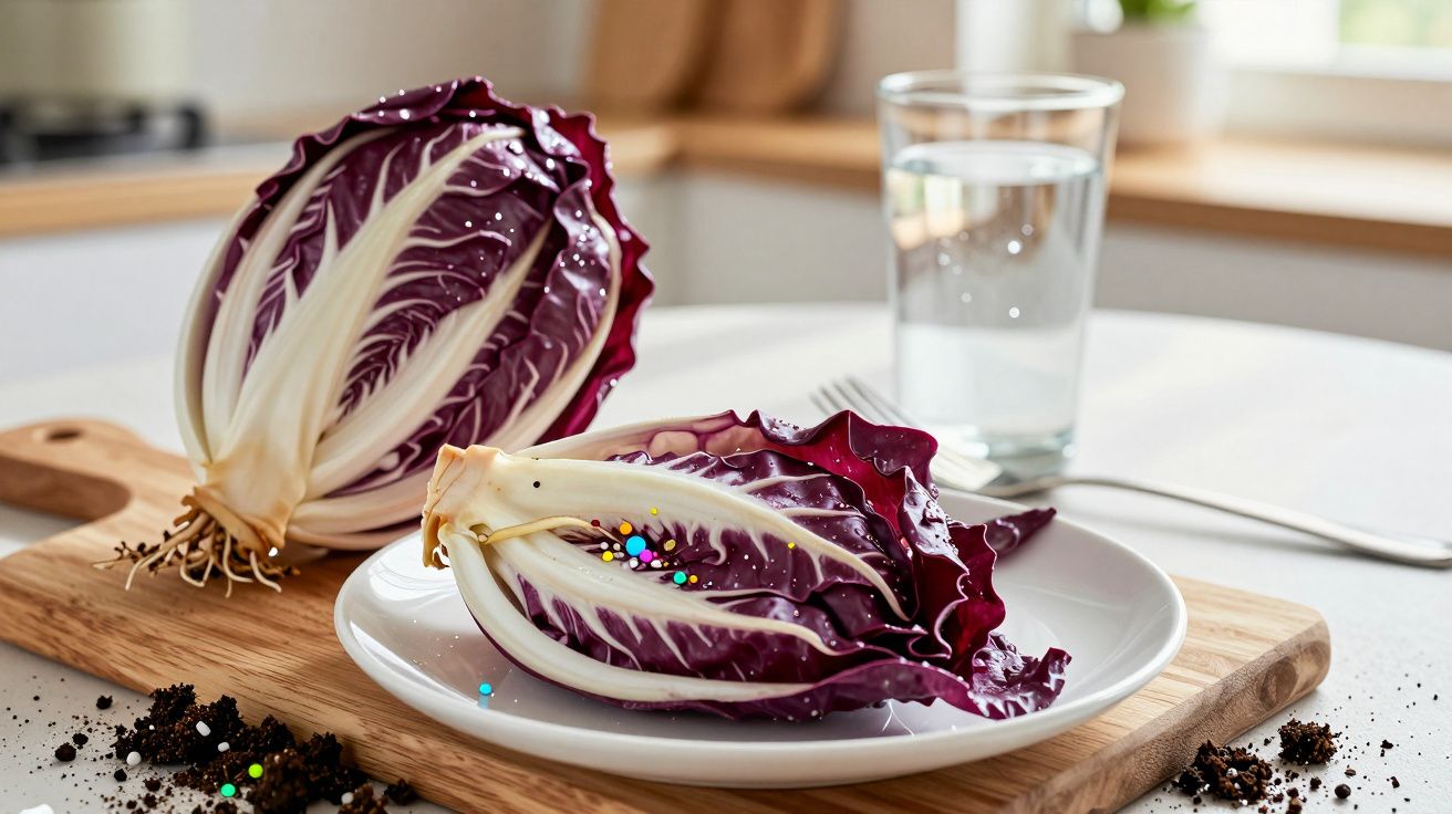 Dois pedaços de radicchio roxo sobre prato branco e tábua de madeira, ao lado de copo com água.