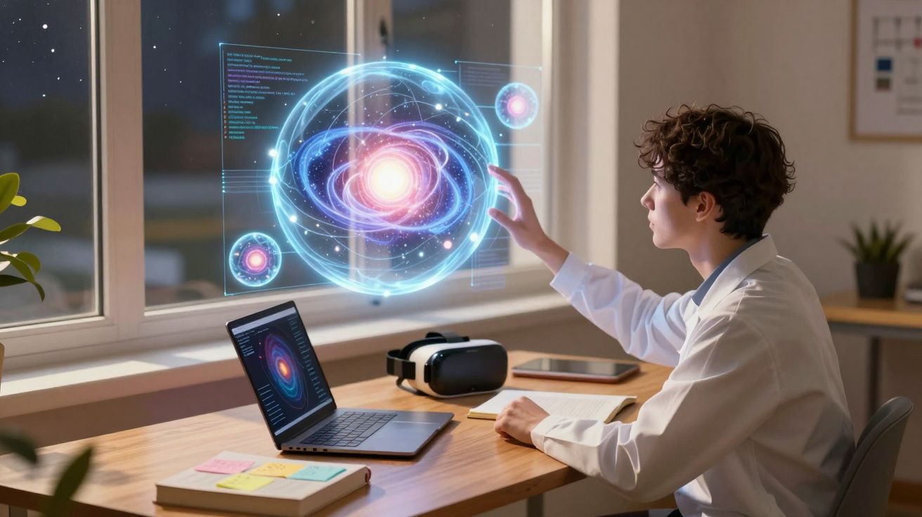 Criança com jaleco interage com projeção holográfica de sistema solar futurista em mesa com laptop.