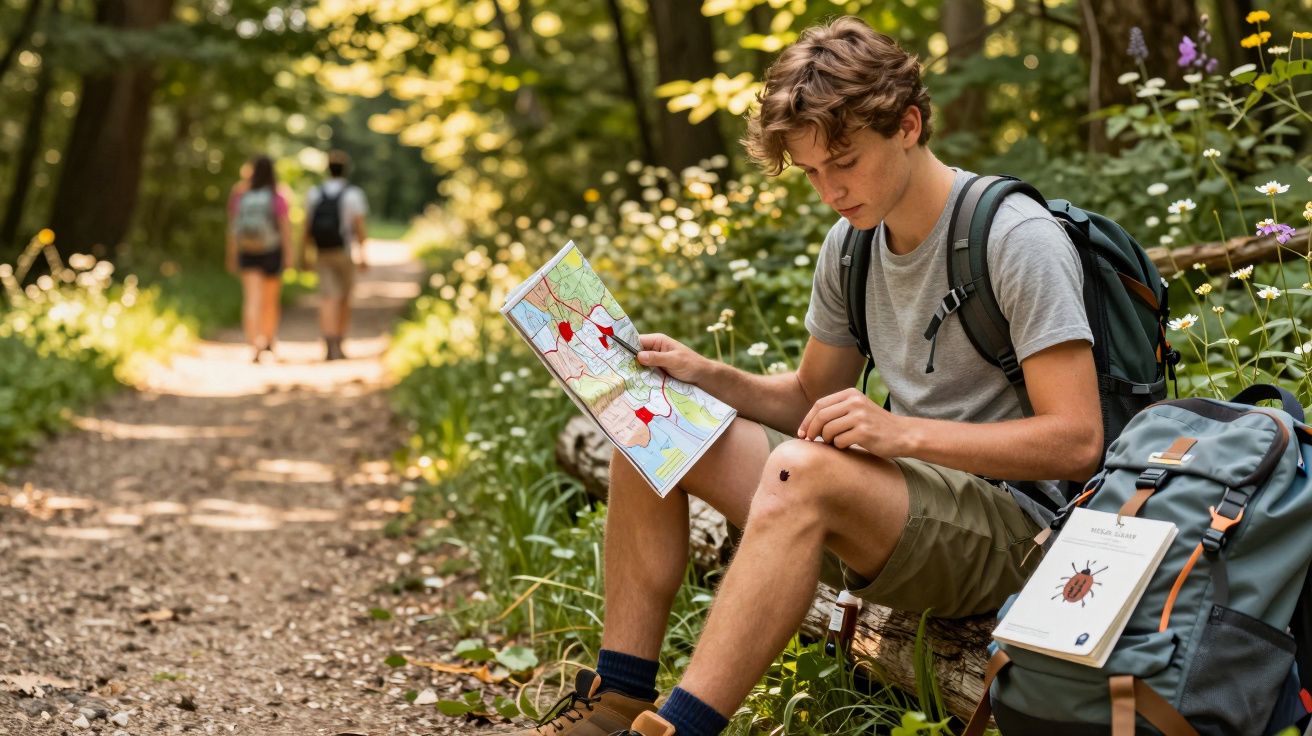 Jovem sentado na trilha da floresta segurando mapa, com mochila e livro de insetos ao lado.