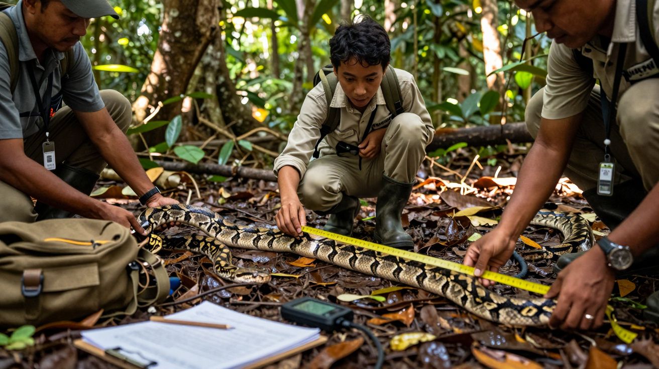 Três homens medindo a cobra píton com uma fita métrica em uma floresta, com folhas secas no chão.