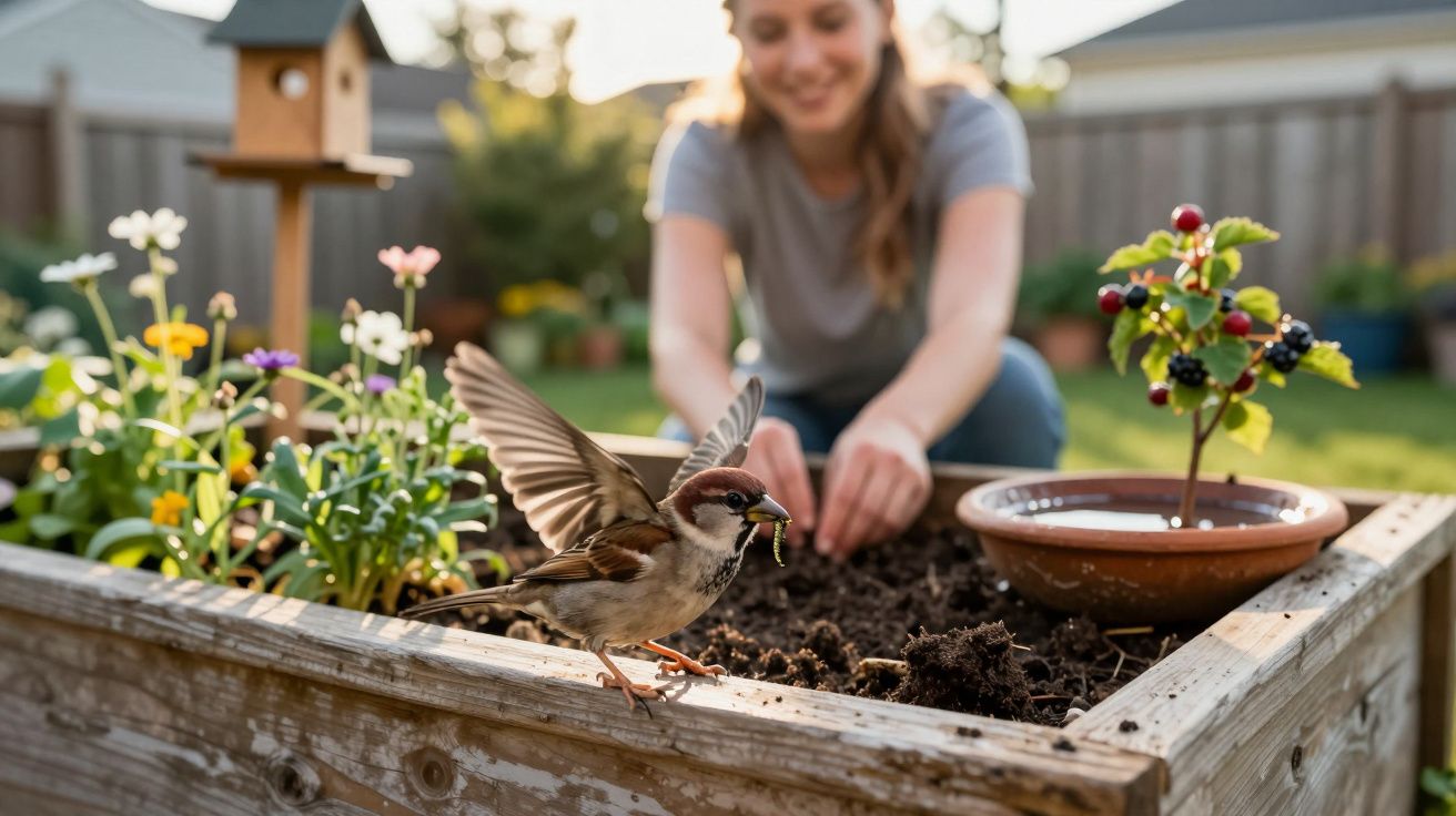 Pássaro pousado na borda de um canteiro de madeira com mulher ao fundo plantando no jardim ensolarado.