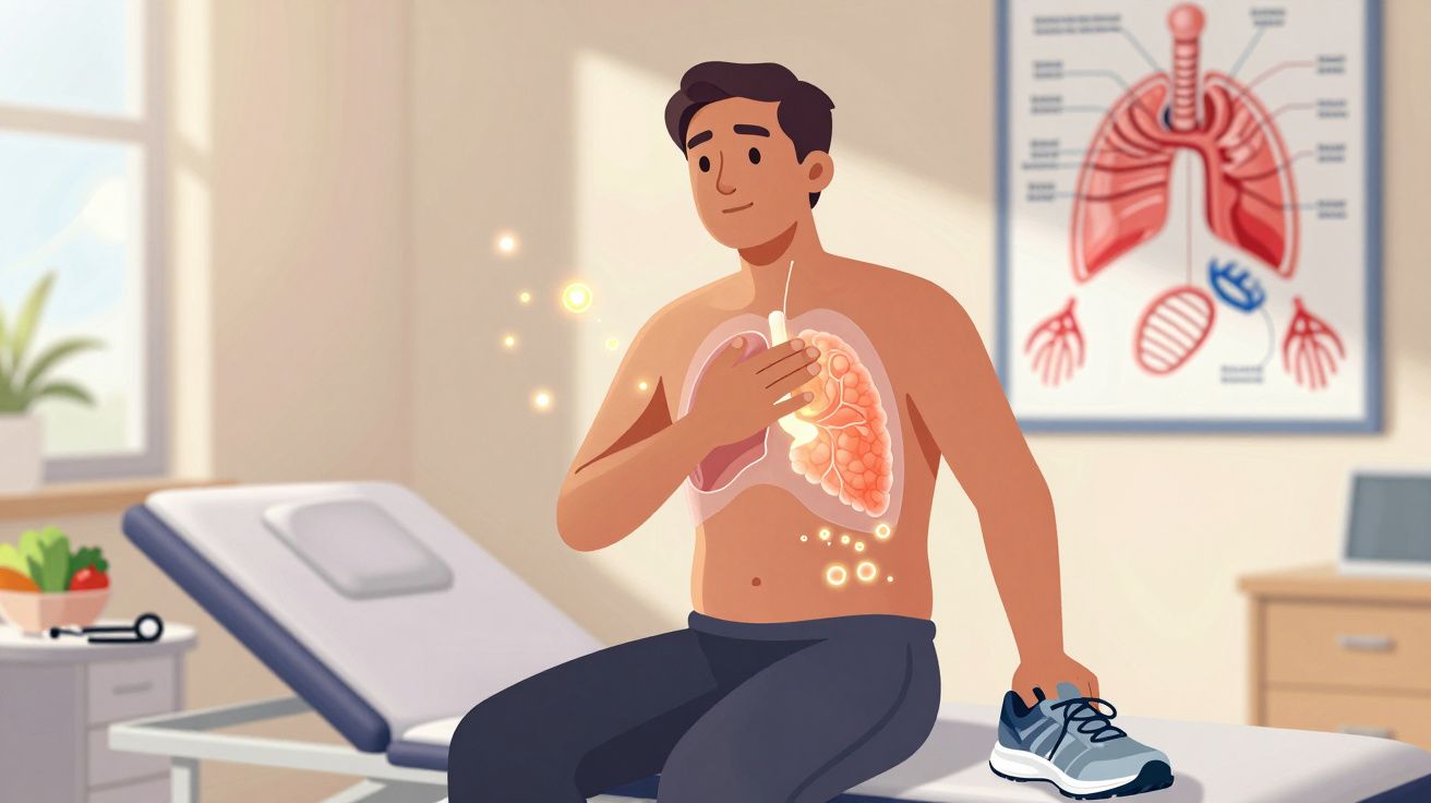 Homem sentado em consultório segurando peito com ilustração dos pulmões visível no tórax.