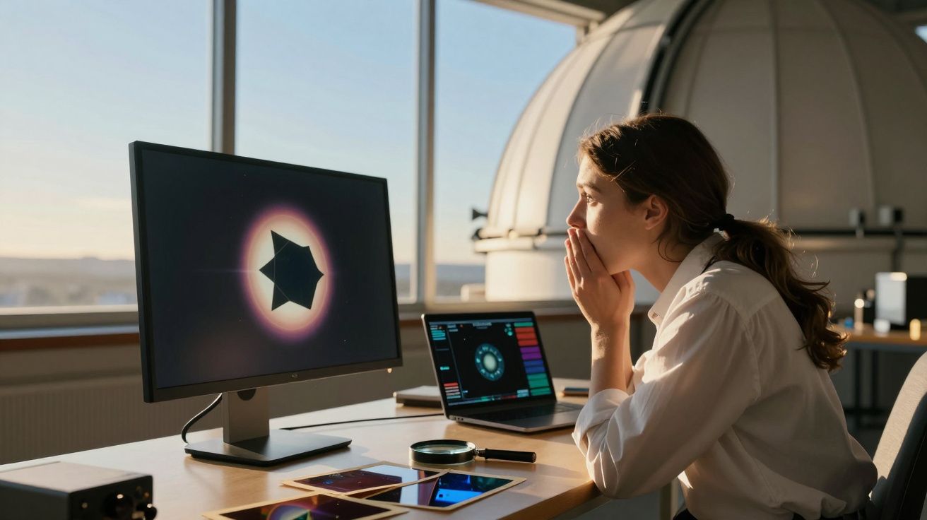 Mulher observando imagem de eclipse em monitor dentro de observatório com equipamentos astronômicos.