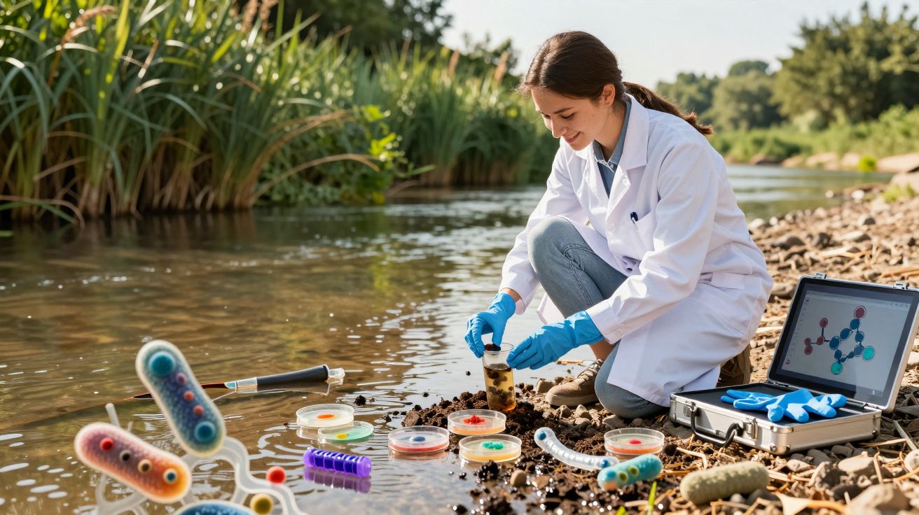 Cientista coleta amostras da água do rio para análise microbiológica com placas de petri e laptop.