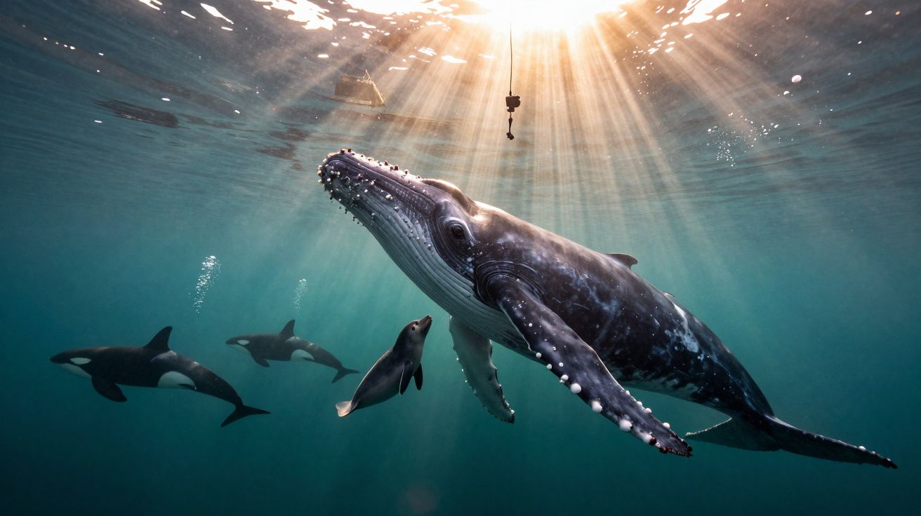 Baleia e orcas nadando sob a luz do sol que atravessa a água do mar cristalina.