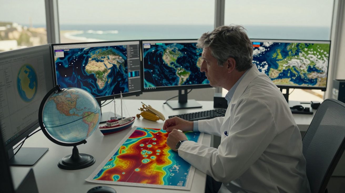 Cientista em laboratório analisa mapas geográficos e dados climáticos em múltiplas telas e impresso.