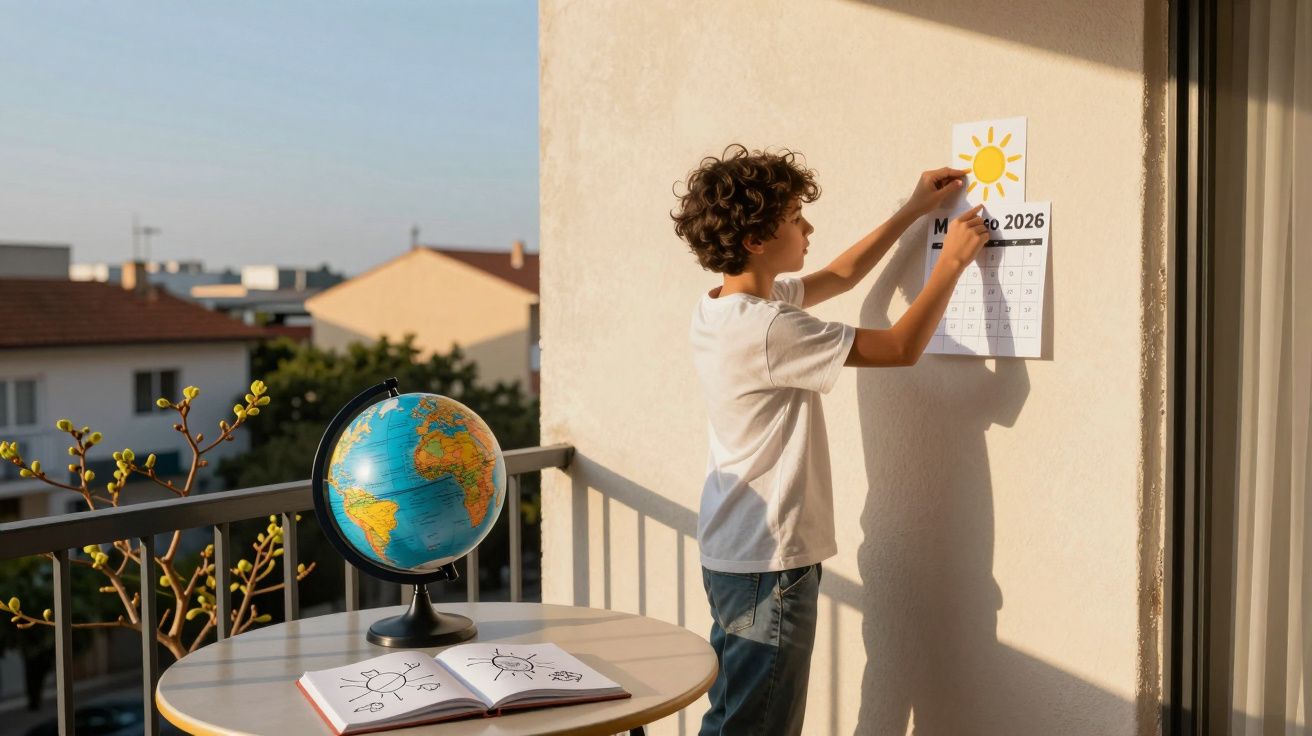 Criança prendendo desenho de sol acima de calendário em varanda com globo e caderno em mesa.