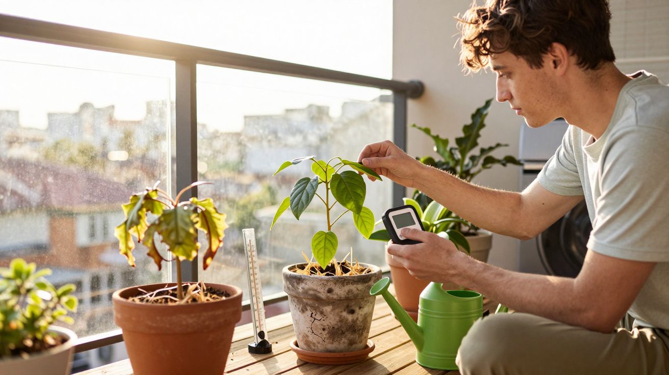 Homem cuidando de plantas em vasos em uma varanda ensolarada, usando um medidor de umidade.