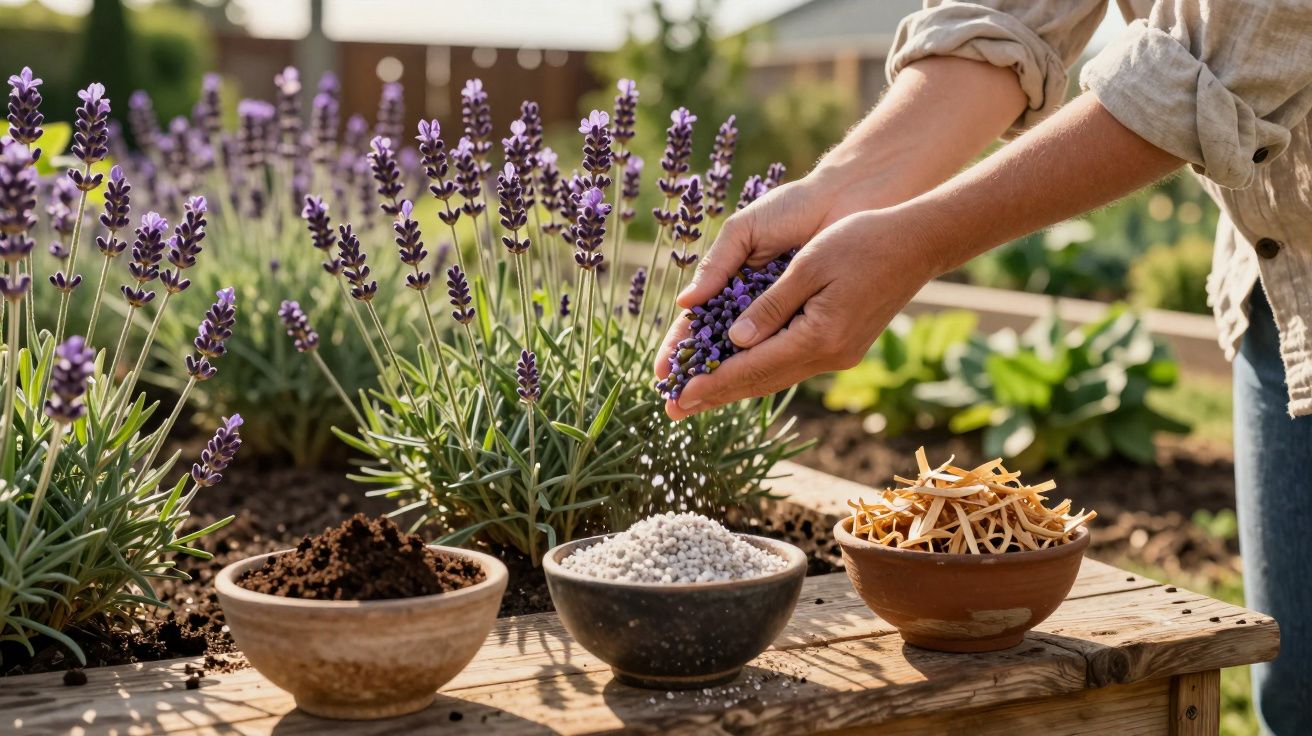 Mãos colhendo lavanda em jardim com três tigelas contendo terra, fertilizante e lascas de madeira.