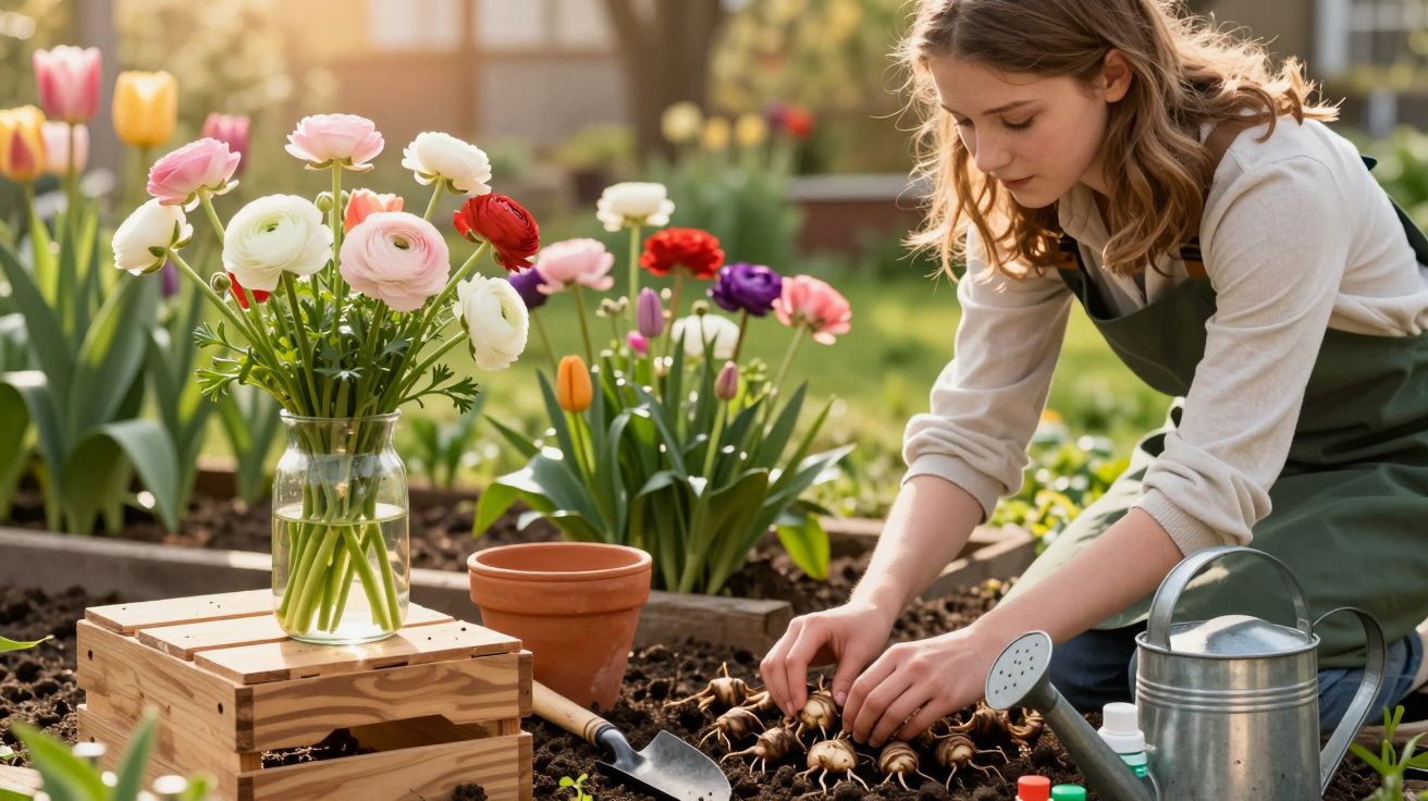 Jovem mulher plantando flores em jardim com regador, vaso e vaso de flores ao redor em dia ensolarado.
