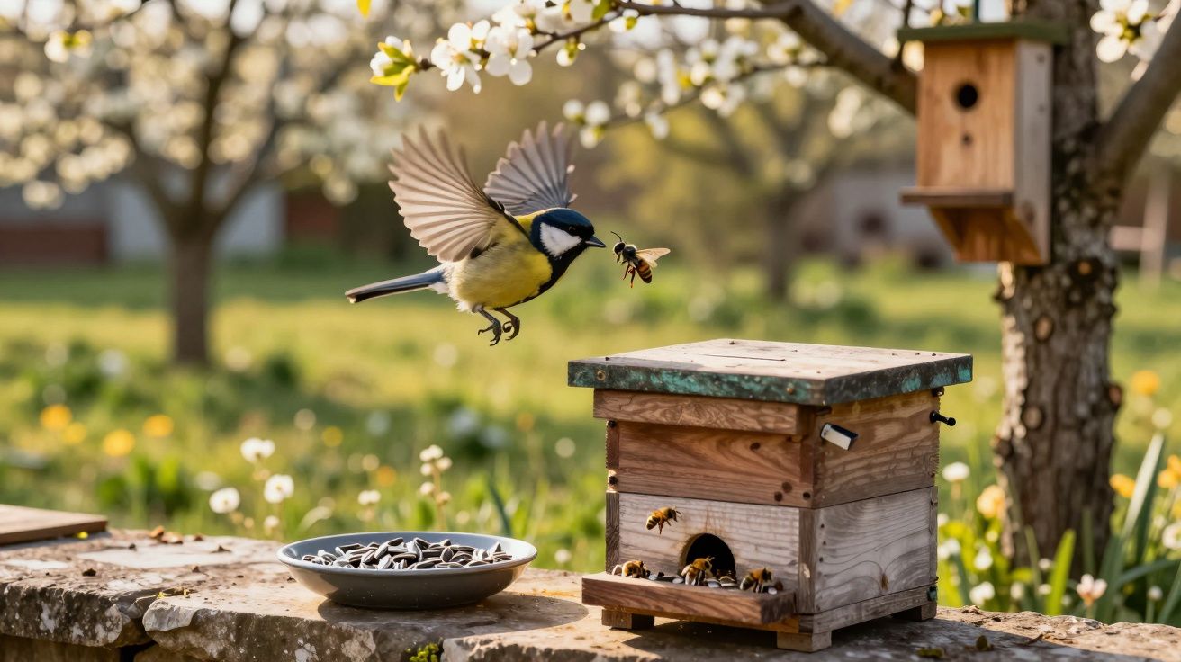 Pássaro voando próximo a uma abelha, na beira de um jardim com caixa de abelhas e girassóis ao fundo.