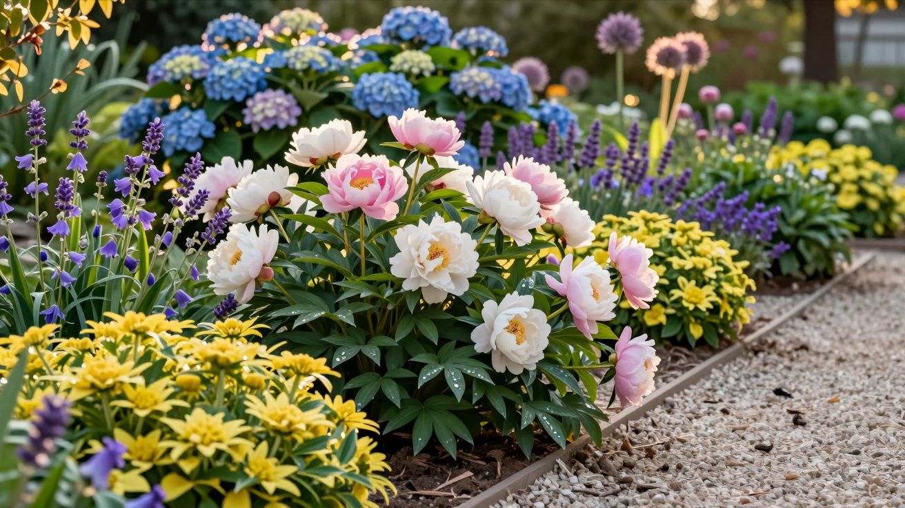 Jardim colorido com flores amarelas, rosas, lilases, azuis e folhas verdes ao lado de caminho de pedras.