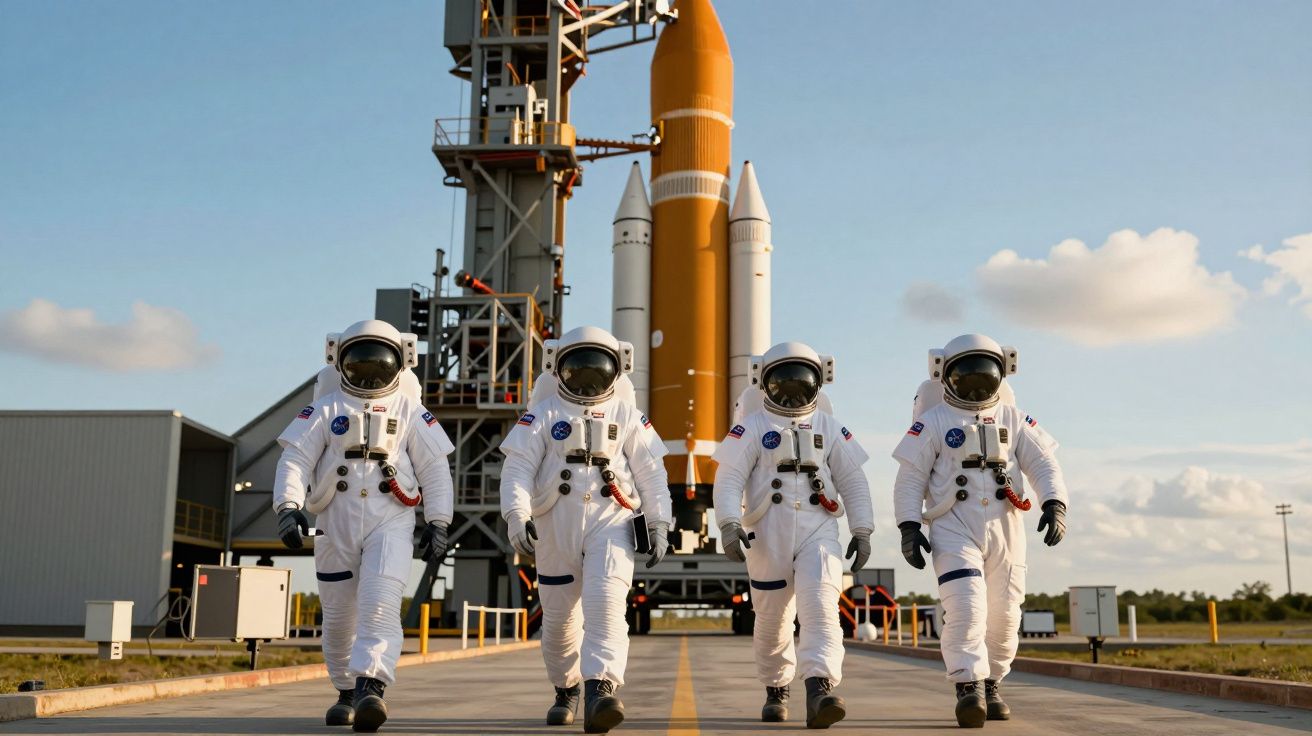 Quatro astronautas em trajes espaciais brancos caminham em direção à torre de lançamento de foguete.