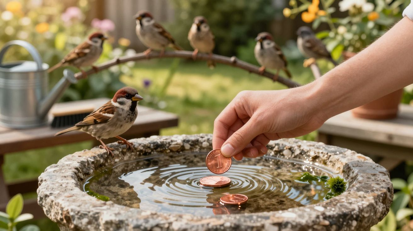 Mão colocando moedas em uma fonte de pedra com pássaros pardais ao redor em jardim ensolarado.
