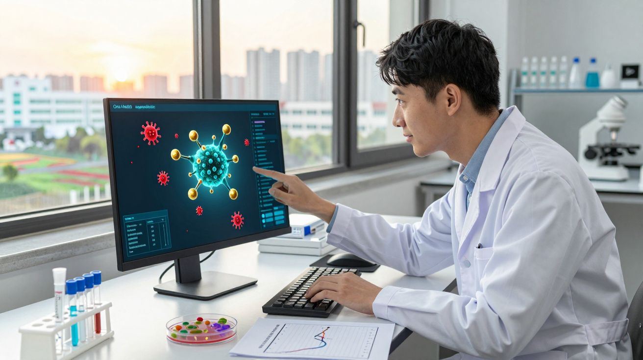 Cientista analisando modelo digital do vírus em tela de computador dentro de laboratório.