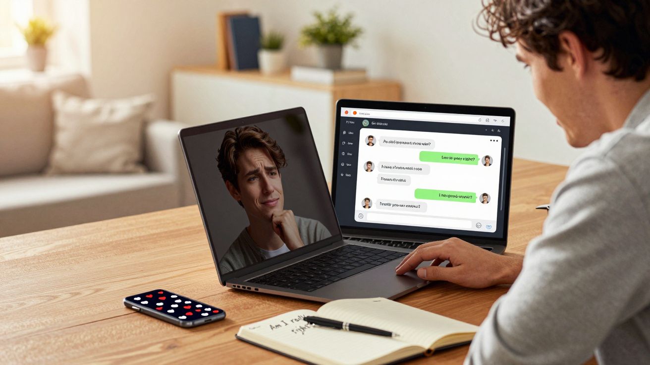 Homem participa de videoconferência e troca mensagens em chat no laptop em mesa com celular e caderno.